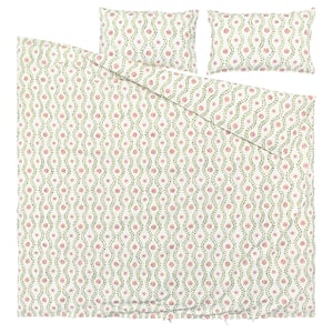 White FYRISVIDE bedding set with green-red floral patterns, 100% cotton.
