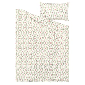 A FYRISVIDE duvet cover set in floral print, featuring red and green leaves on white cotton, including pillowcases.
