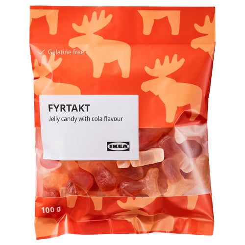 Package of FYRTAKT cola-flavored jelly candy, featuring moose graphics, 100g. Gelatin-free, natural ingredients.