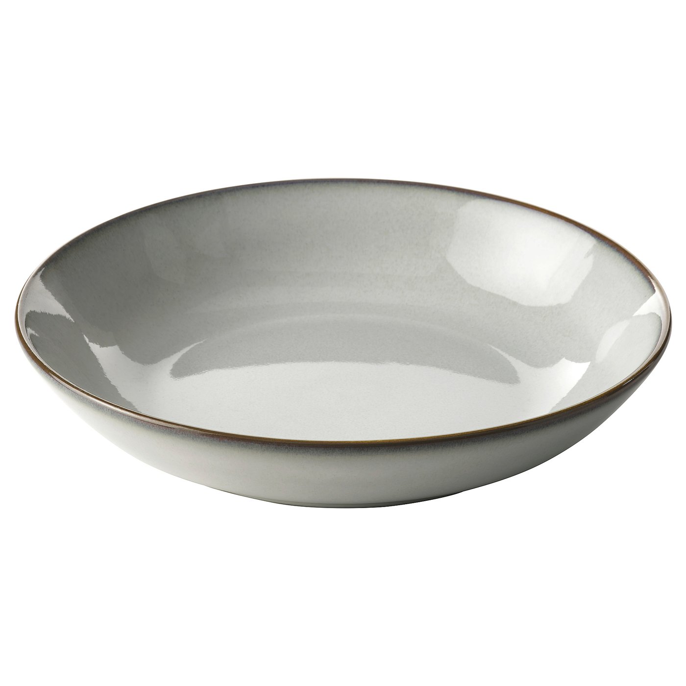 GLADELIG stoneware plate: sandy grey, rustic handcrafted, deep round shape with smooth glaze.