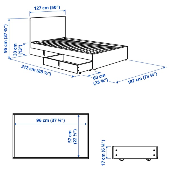 GLADSTAD Upholstered bed, 2 storage boxes, Kabusa light grey, 120x200 cm