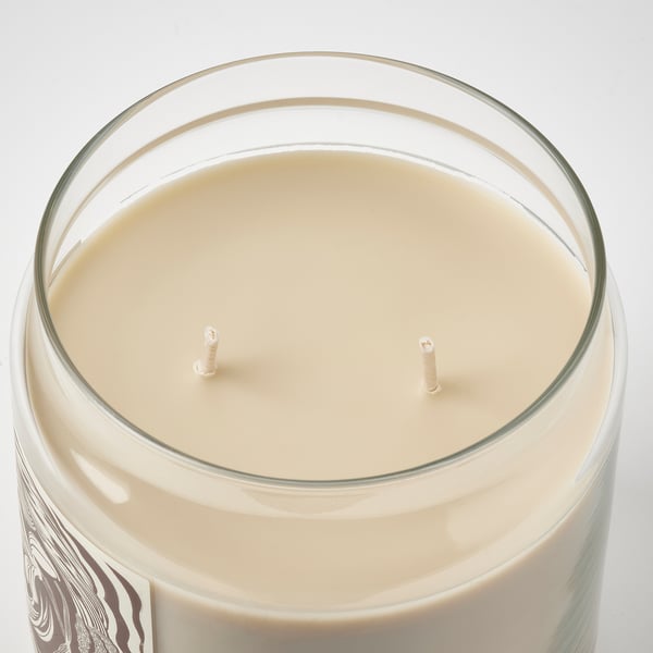GLANSLIND Scented candle/glass w lid/2 wicks, smoky vanilla/light beige, 70 hr