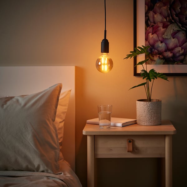 GRÅVACKA / MOLNART Pendant lamp with light bulb, dark blue/grey clear glass, 95 mm