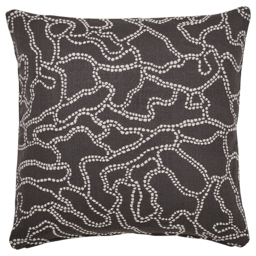 GULDFLY pillow: square, anthracite, cotton, ornate white pattern.