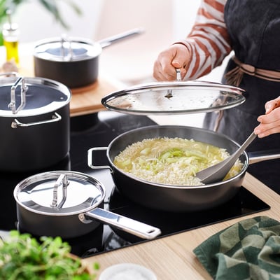 GULDÖRING 8-piece cookware set, non-stick coating stainless steel/black-grey