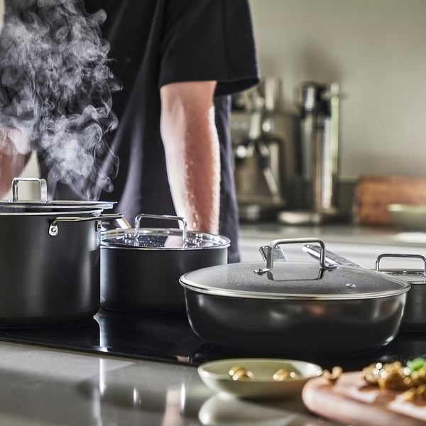 GULDÖRING 8-piece cookware set, non-stick coating stainless steel/black-grey