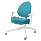Blue and white GUNRIK office chair, adjustable, padded, with armrests.