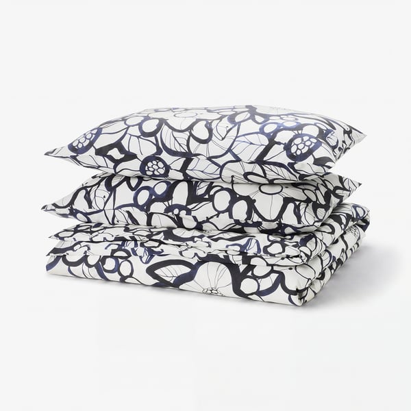 HÄRLIR Duvet cover and 2 pillowcases, white black/blue floral pattern, 200x200/50x80 cm