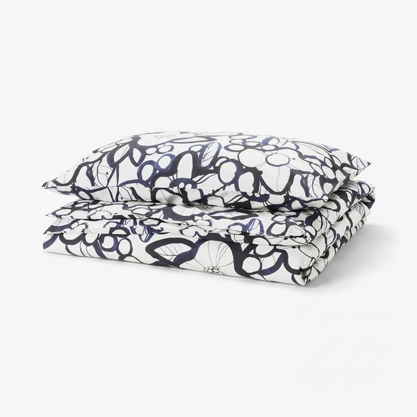 HÄRLIR Duvet cover and pillowcase, white black/blue floral pattern, 150x200/50x80 cm