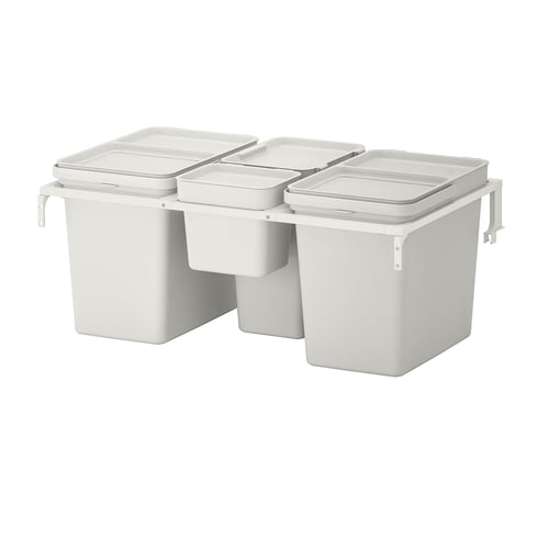 Three white HÅLLBAR waste sorting bins with lids, mounted and aligned, designed for organised recycling in the kitchen.