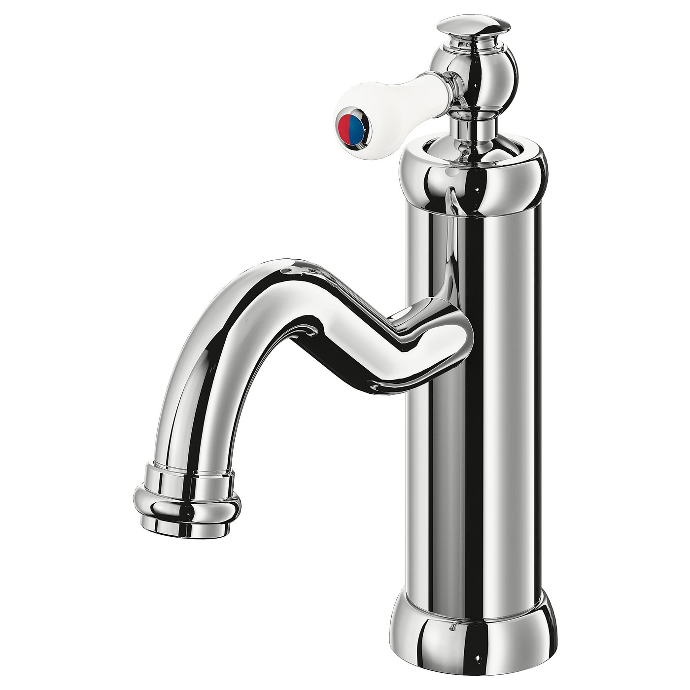 HAMNSKÄR chrome tap, round body, white handle, brass material, curved spout, energy-saving design.
