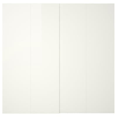 HASVIK wardrobe doors: five high-gloss white, sliding panels with sleek, minimalist design and integrated soft-closing mechanism.
