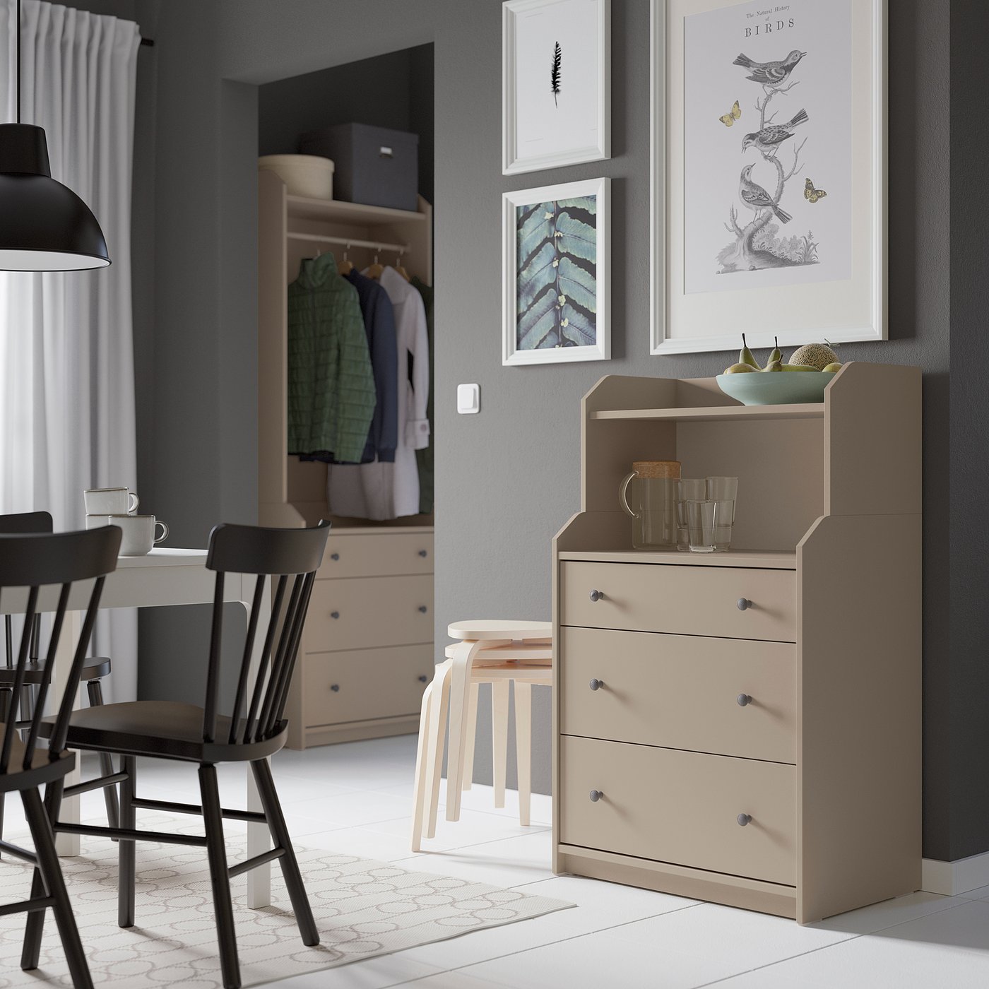 HAUGA chest of 3 drawers with shelf, beige, 70x46x116 cm - IKEA