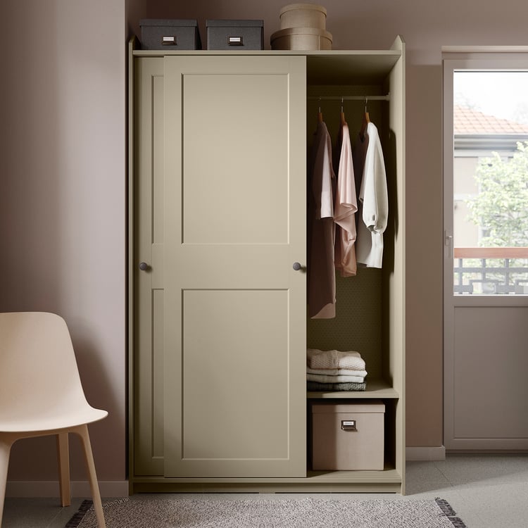 HAUGA wardrobe with sliding doors, beige, 118x55x199 cm IKEA