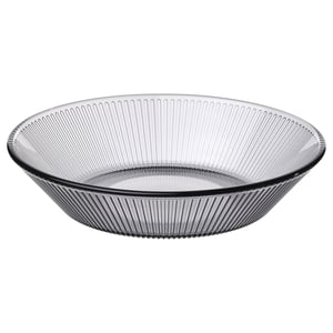 Grey, large, round, patterned glass bowl; ideal for serving.