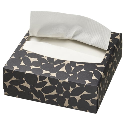 Open box of black & white patterned tissues. Square shape with textured napkins inside.