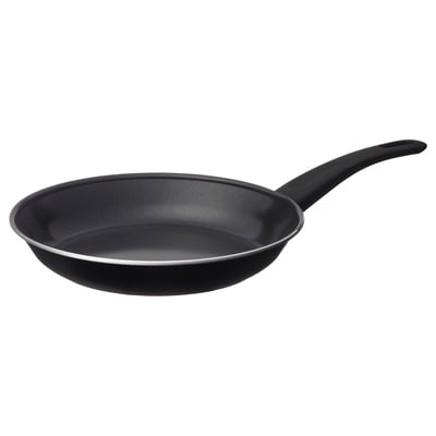 Black frying pan with non-stick ceramic coating, even heat, easy release, sleek design, secure grip.