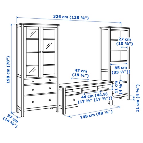 Illustration with measurements for the product: HEMNES.