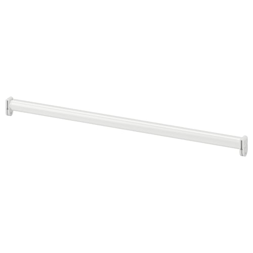 A white HJÄLPA adjustable clothes rail made of steel with plastic connexions and a rubber stop fitting.
