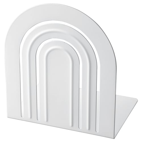 A white HÖSSLA bookend. Its arched, made of epoxy-coated steel, and has vertical grooves on its front.