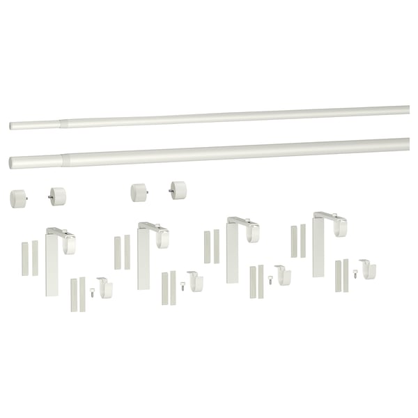 White HUGAD & räcka curtain rod set, including 2 rods, 4 brackets, 4 holders, and 4 finials for double-layer curtains.