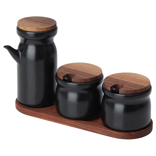 HULDHET: black ceramic jar set with wooden lids & tray. Sleek, modern design for kitchen or table.