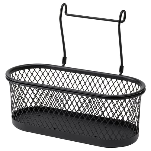 Black HULTARP kitchen utensil holder, oval, metal mesh with hooks for hanging.