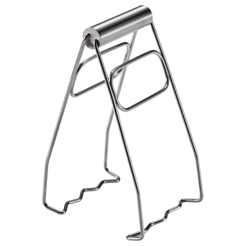Silver stainless steel kitchen tool; a-frame design, rounded handle, wavy lower ends.