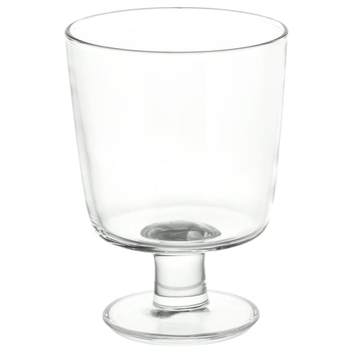 IKEA 365+ clear glass tumbler; wide shape, stemmed base; tempered glass.