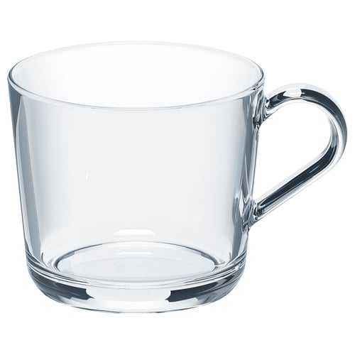 Transparent IKEA 365+ glass mug with sturdy handle. Tempered glass, hot/cold safe.