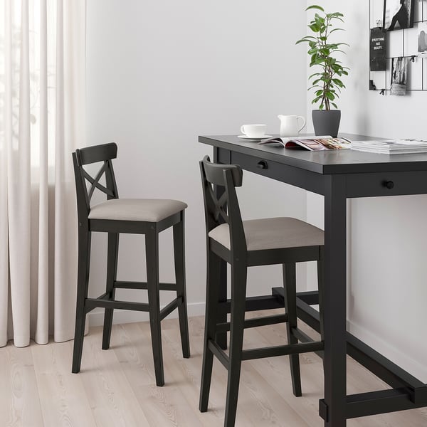 INGOLF Bar stool with backrest, brownblack/Nolhaga greybeige, 75 cm