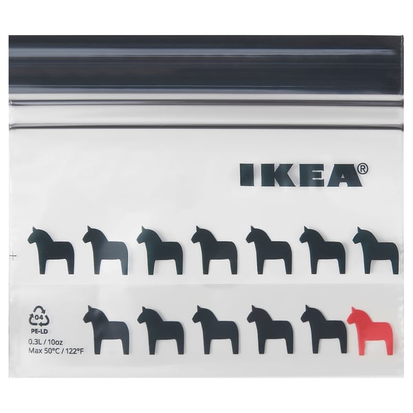 IKEA ISTAD resealable bags, shown in black and red, made of polyethylene plastic, featuring horse shapes.