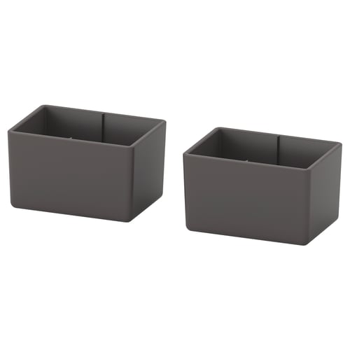 Two grey square storage bins side by side, made of polyethylene plastic.