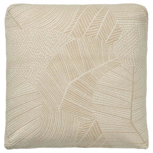 An off-white JÄTTEGRAN cushion cover with a leafy pattern, square shape, and textured fabric.
