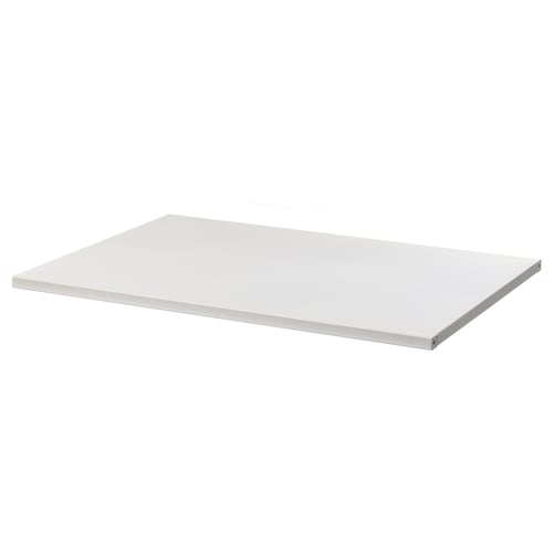 A white JOSTEIN metal shelf. Its rectangular and made of powder-coated galvanised steel, suitable for both outdoor and humid indoor use.