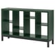A green KALLAX shelving unit. Made of particleboard, it has a rectangular shape with open compartments and adjustable feet for stability.