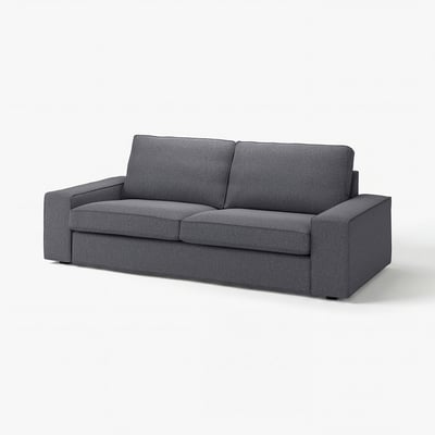 Modern grey KIVIK sofa with boxy design, square cushions, low armrests, and minimalist style.