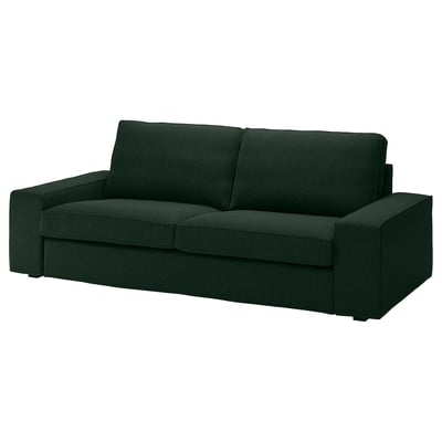 Green KIVIK sofa with dark green chenille, modern square cushions, cotton-polyester fabric, white background.