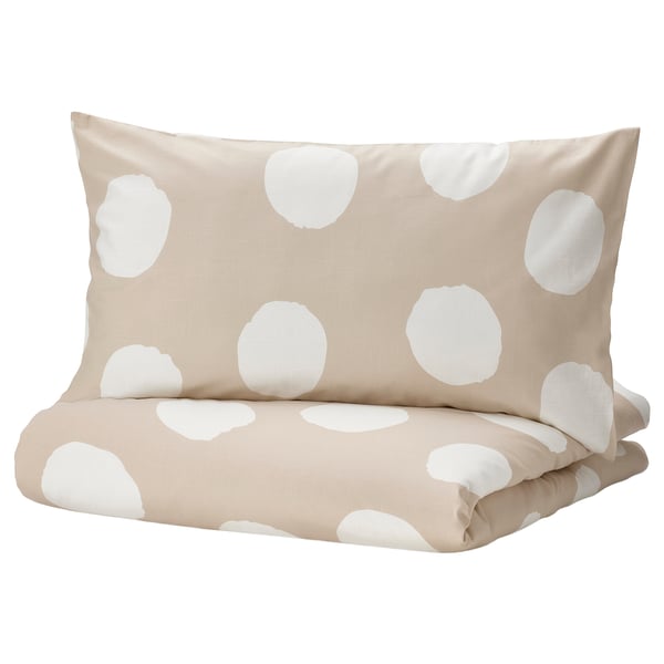 KLYNNETÅG Duvet cover and pillowcase, beige/white/dotted, 150x200/50x80 cm