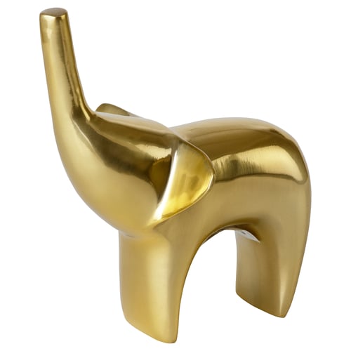 Gold aluminium elephant figurine, stylized shape, clear lacquer finish. Decorative home accessory.