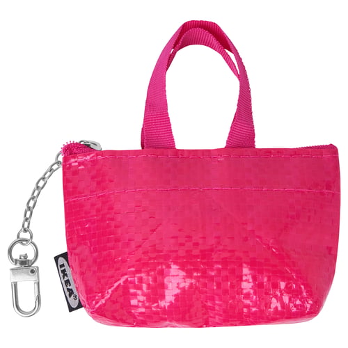 Bright pink KNÖLIG keychain bag with shiny texture, small size, zip closure, red handle, and attached keyring.