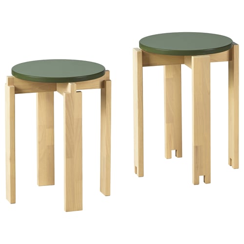 Two light wooden stools with round green seats. Simple, modern design.