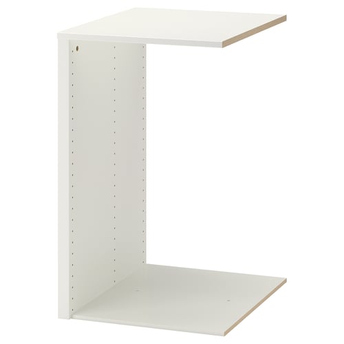 A white ikea KOMPLEMENT wardrobe organizer, featuring a simple l-shape design with top and bottom flat surfaces.