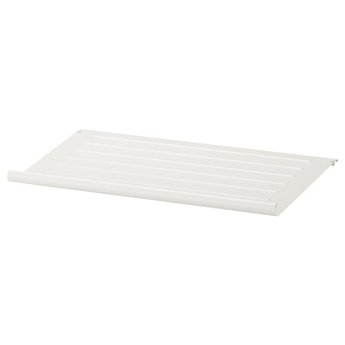A white KOMPLEMENT shoe shelf made of metal, featuring a slanted design for easy visibility and access.