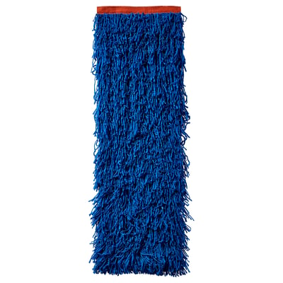 A KONSTRUNDA blue fringed wall hanging, rectangular, with orange top, made from recycled polyester.