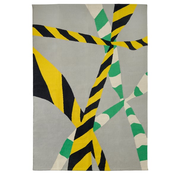 KONSTRUNDA rectangular rug, grey base, yellow, black, green accents, geometric pattern.
