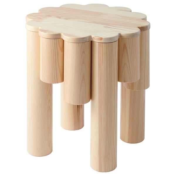 KONSTRUNDA stool, natural wood, rounded legs, petal-shaped seat.