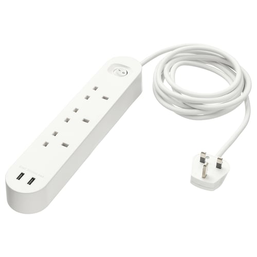 KOPPLA, a white multi-socket with 3 plugs and 2 usb ports, rectangular shape, modern design made of polycarbonate plastic.