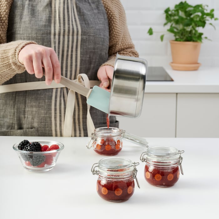 KORKEN jar with lid, clear glass patterned/bright orange, 13 cl IKEA