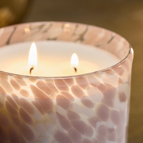 KRONSÅNGARE Scented candle in glass, 2 wicks, Pink flowers/dotted pink, 50 hr